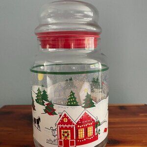 Vintage Libbey Glass Winter Village Storage Quart Canister Lid Christmas USA